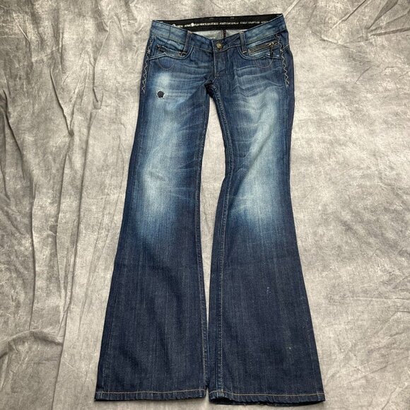 Express ReRock Jean Women 6 Blue Distressed Stitch Pocket Cotton Flap Stretch - Picture 2 of 16